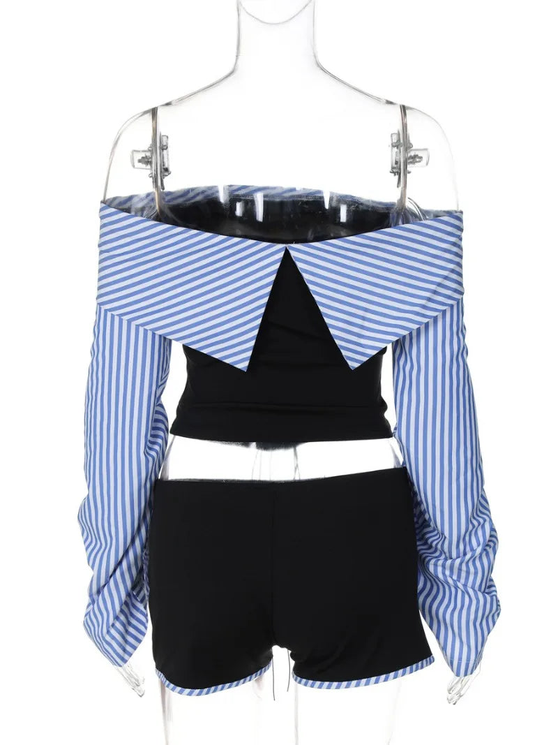 Aiertu  -  Fashion Chic Women Long Sleeve Striped Long Sleeve Corset Shirts + Shorts 2 Piece Sets High Street Tunics Bandage Female Suit Aiertu