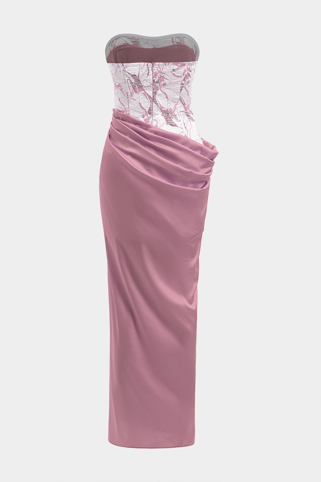 Aiertu  -  Satin Jacquard Patchwork Ruched Strapless Sleeveless Maxi Dress Aiertu