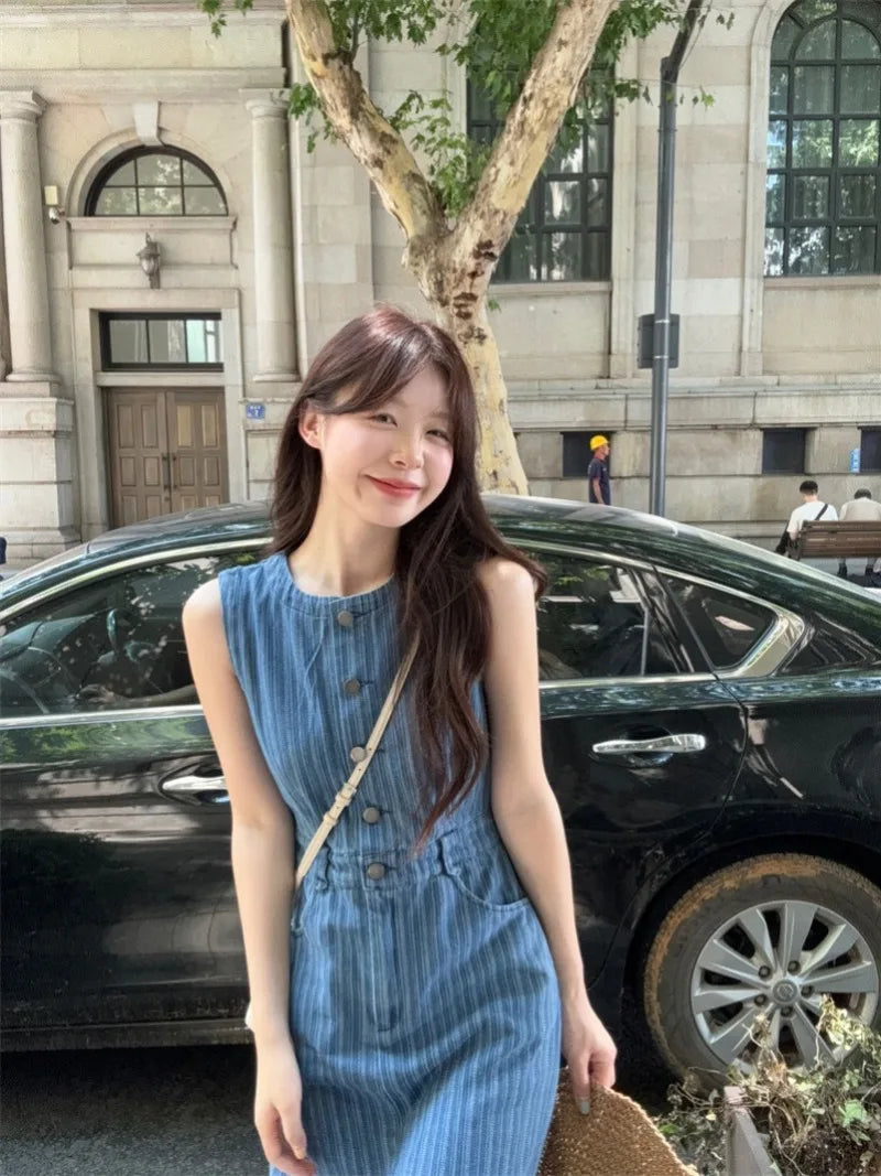 Aiertu  -  Sweet Hot Girl Vacation Style Sleeveless Denim Dress for Women's Summer O-neck Slim Fit Long Dress Fashion Female Clothes Aiertu