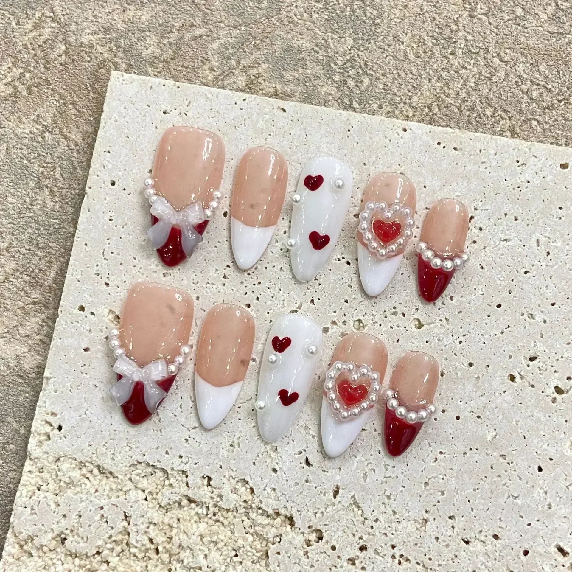 Aiertu 10Pcs Pink Handmade Press on Nails Full Cover Bow Tie Rhinestone Design French Almond Fake Nails Wearable Manicure Nail Tips Art Aiertu