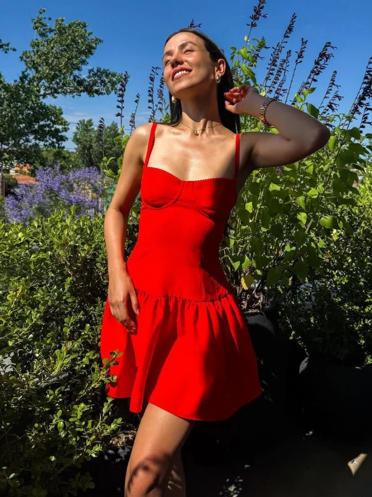 Aiertu  -  Women Sexy Red Mini Dress Slim-fitting Bright Spaghetti Strap High Waist Low-cut Short Pleated Vestidos Beach Pool Party Wear Aiertu