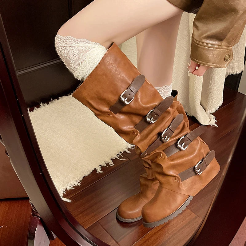 Aiertu    -  Women Knee-high Boots Summer Shoes Woman Knight Boots Woman Designer Buckle Chelsea Long Botas Pu Leather Motorcycle Shoes Aiertu