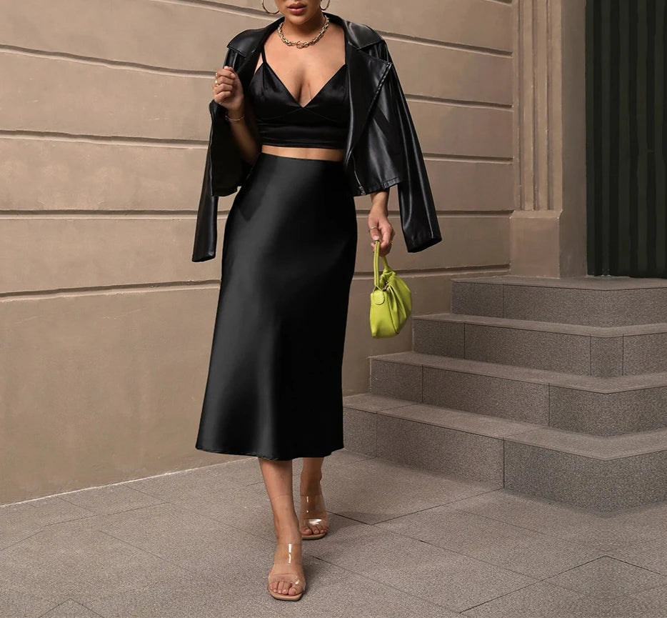 Aiertu  -  Satin Skirt High Waisted Solid Color Skirts  Flared Hem Elegant Women Outerwear Aiertu