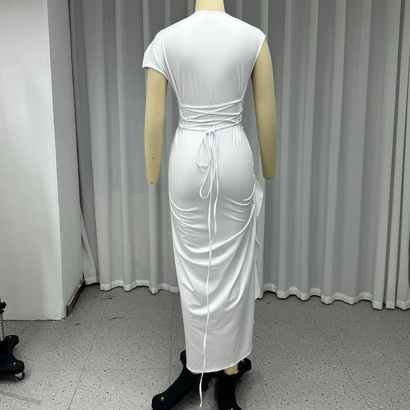 Aiertu  -  Long Dress Women Fashion Casual Solid Round Neck Short Sleeve Irregular Twisted Pleated Lace Up Nipped Waist Slit Dress Aiertu