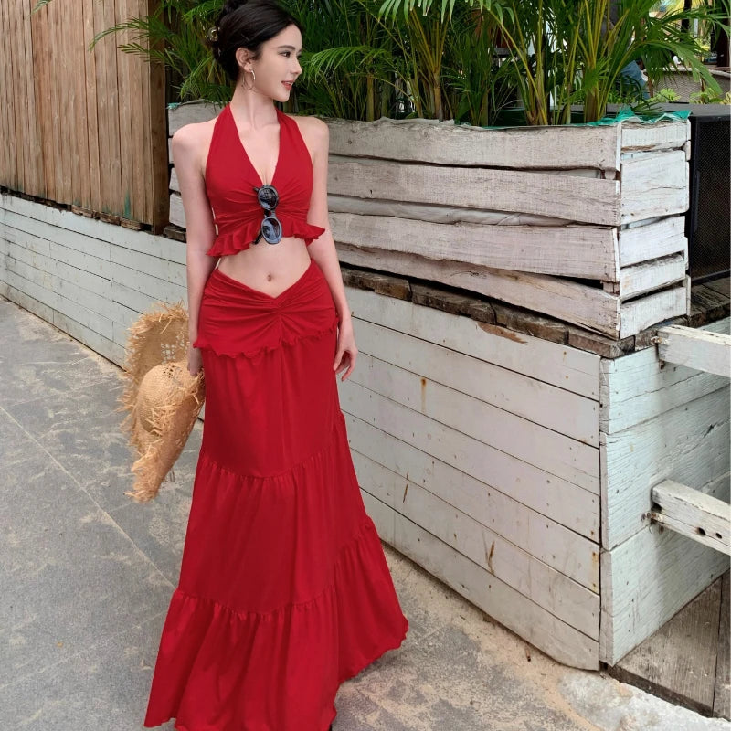 Aiertu  -  Sexy Pleated 2 Piece Suit Women Halter Backless Lace Up Tank Slim Hip Package Long Skirt Female Set Spring Summer Lady Sets Aiertu