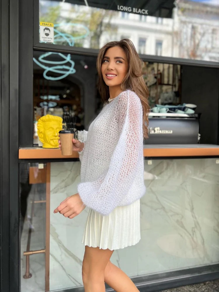 Aiertu  -  Fashion Women Purple Cut Out See Through Loose Knitwear Fashion O Neck Lantern Long Sleeves Pullover Casual Lady Street Jumper Aiertu