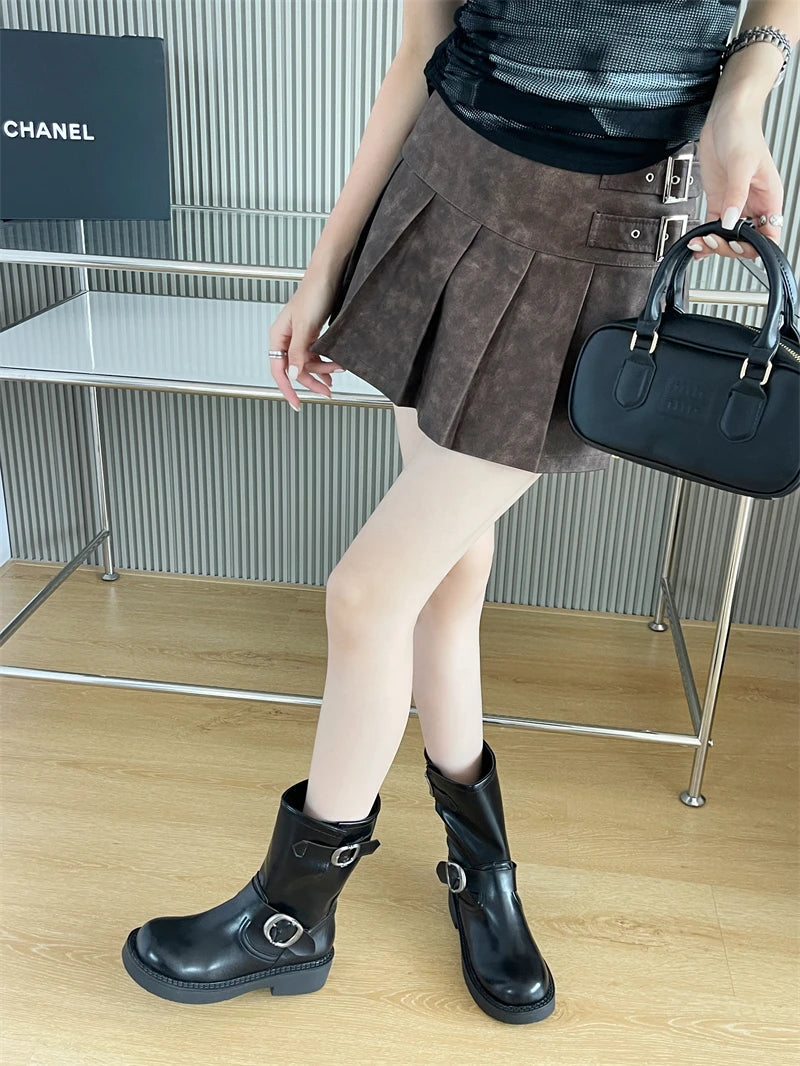 Aiertu    -  Black Ankle Boots For Woman Round Toe Chunky Heels Short Shoes Comforts Platforms Boots Belt Buckle Fall Shoes Botas De Mujer Aiertu