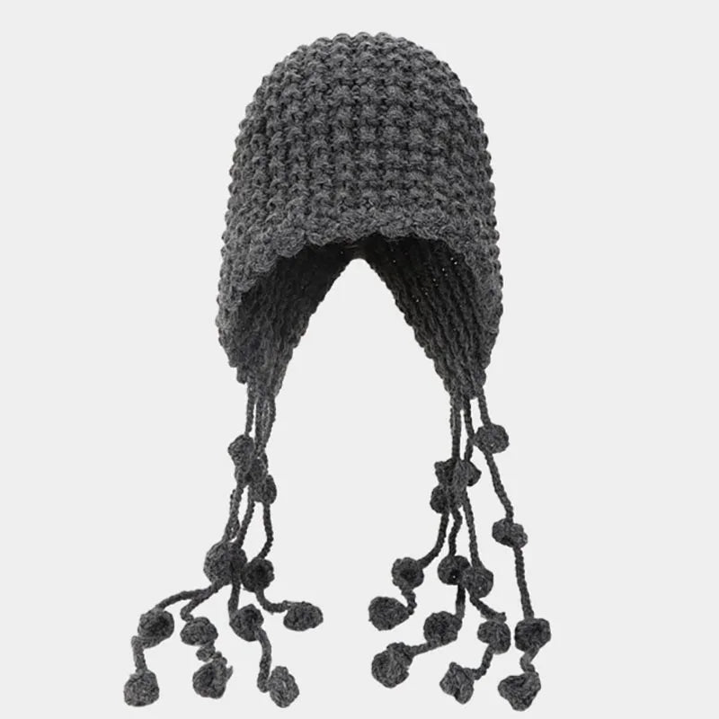 Aiertu  -  Winter Handmade Beanies for Women Fashion Tassel Thickened Warm Knitted Pullover Hat Outdoor Ear Protection Strap Woolen Bonnets Aiertu