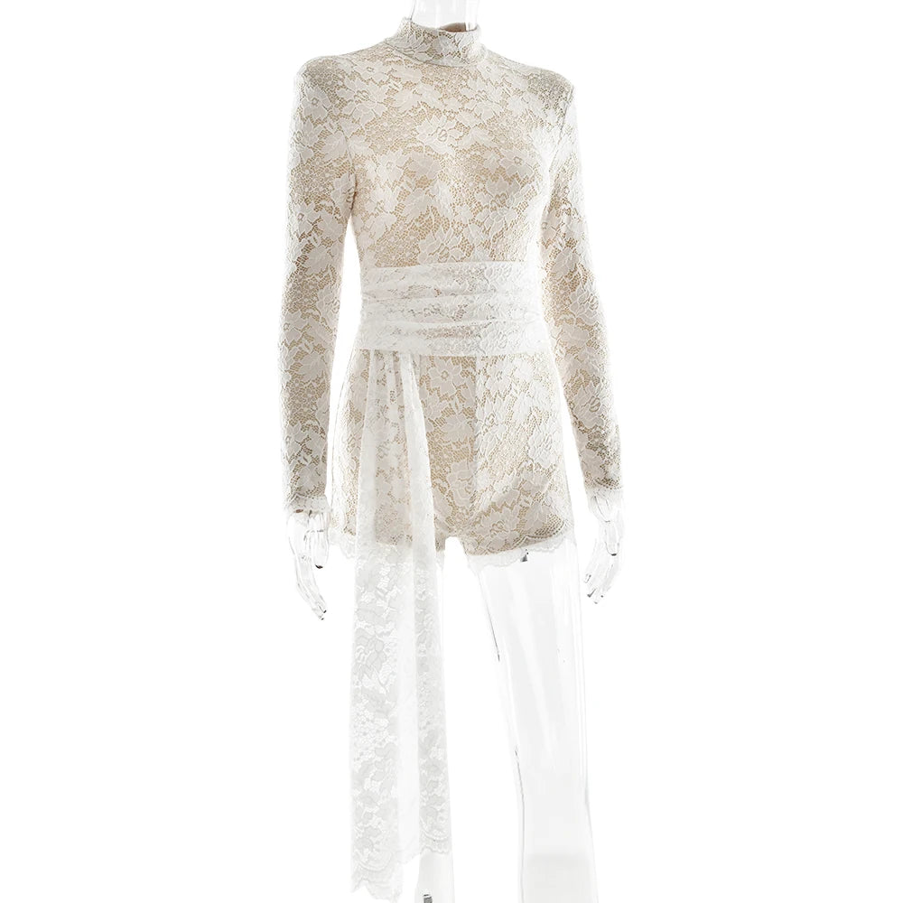 Aiertu  -  Temperament Long Sleeved Lace Patchwork Playsuit Women Fashion Round Neck Lace Up Tight Jumpsuit Summer New Rompers 2026 Aiertu