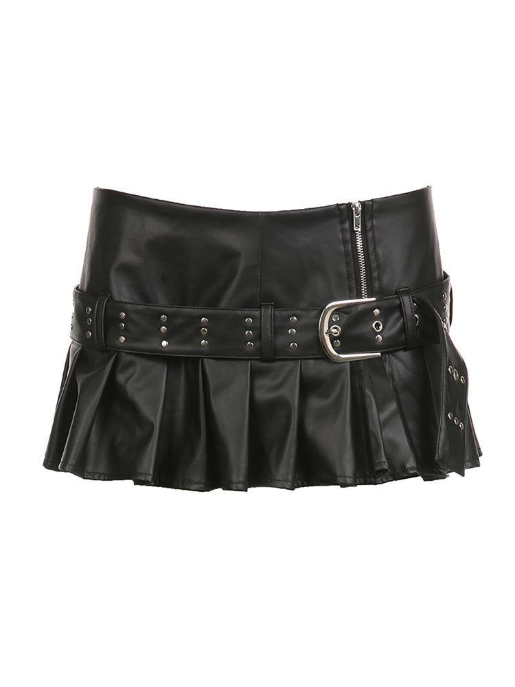 Aiertu - summer inspo Punk Gothic Zipper Split Black PU Leather Pleated Skirt With Rivet Belt Women Sexy Baddie Outfits Aiertu