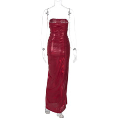 Aiertu  -  Women Sexy Metallic Shiny Strapless Ruched Maxi Evening Party Dress Elegant Sleeveless Backless 2025 Valentine's Day Long Robe Aiertu
