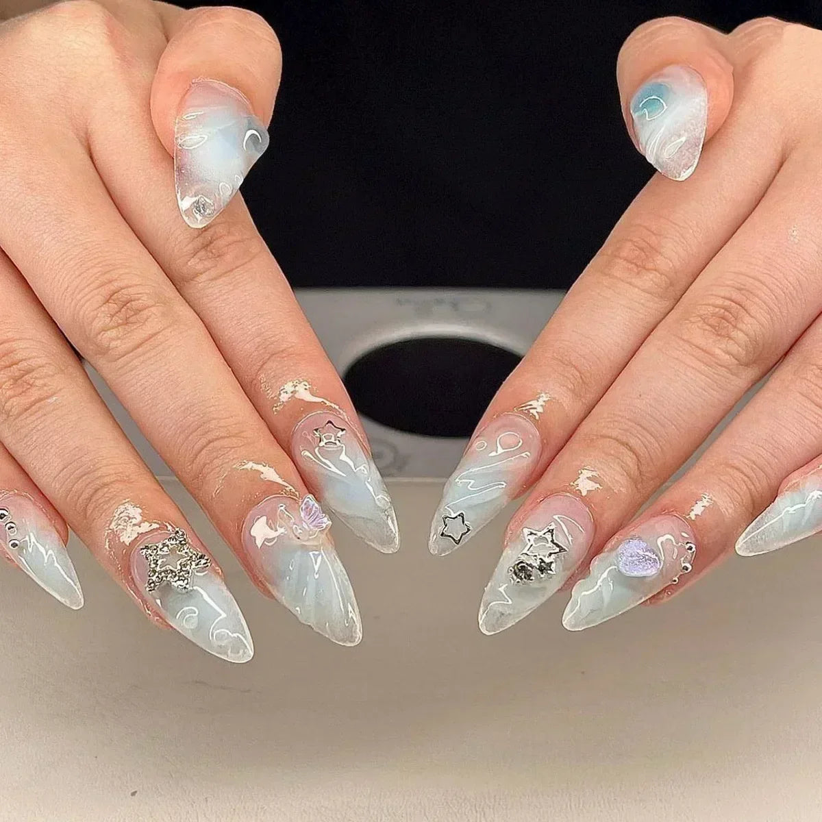 Aiertu 24Pcs Pink Almond French Press on Nails With 3D Bow ripple charms Design Fake Nails Ballerina False Nails Full Cover Nail Tips Aiertu
