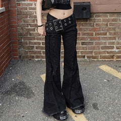 Aiertu  -  Gothic Style Wide Waistband Flare Jeans High Street Y2K Retro Fashion Denim Pants Black Casual Punk Boot Cut Trousers Aiertu