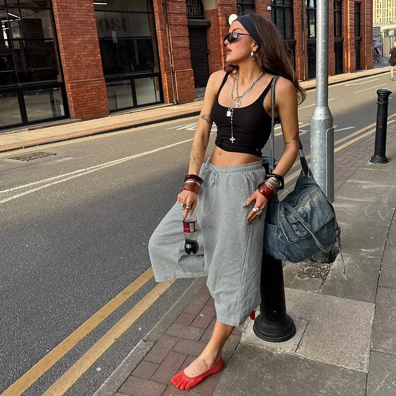 Aiertu  -  Gray Pants Comfy Baggy Capri Pants for Woman Clothing Loose Drawstring Wide Leg Trousers P85-CZ29 Aiertu
