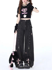 Aiertu  -  Women's Zipper Splicing Design Black Gray Jeans Cool Girl High Waisted Fashion Loose Pants Female Straight Retro Denim Trousers Aiertu