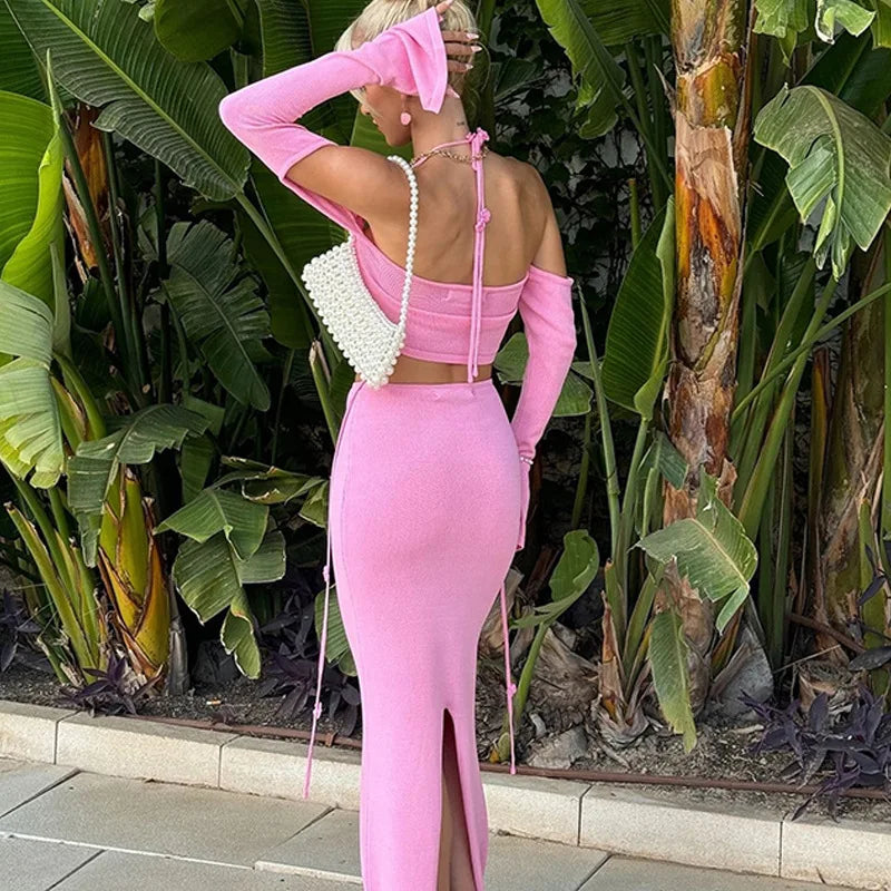 Aiertu  -  Pink Knitted Skirts Sets Women Off Shoulder Long Sleeve Crop Tops+Long Skirt Summer Holiday Sexy Bikini Cover-up 2 Piece Set New Aiertu