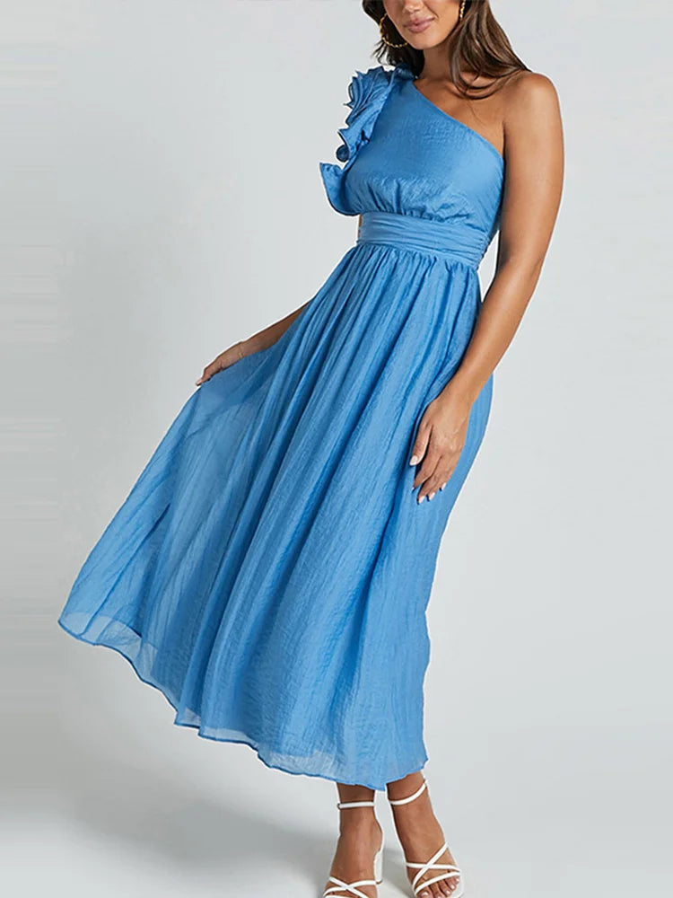 Aiertu  -  Elegant Party Dress Women Skew-collar Pleated A-line Midi Evening Dresses Female 2025 Spring Summer Casual Vacation Lady Robe Aiertu