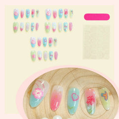 Aiertu  -  24PCS Summer Colorful Almond False Nail with 3D Flower Beach Paintings Press on Fake Nail Full Cover Wearable Manicure for Women Aiertu