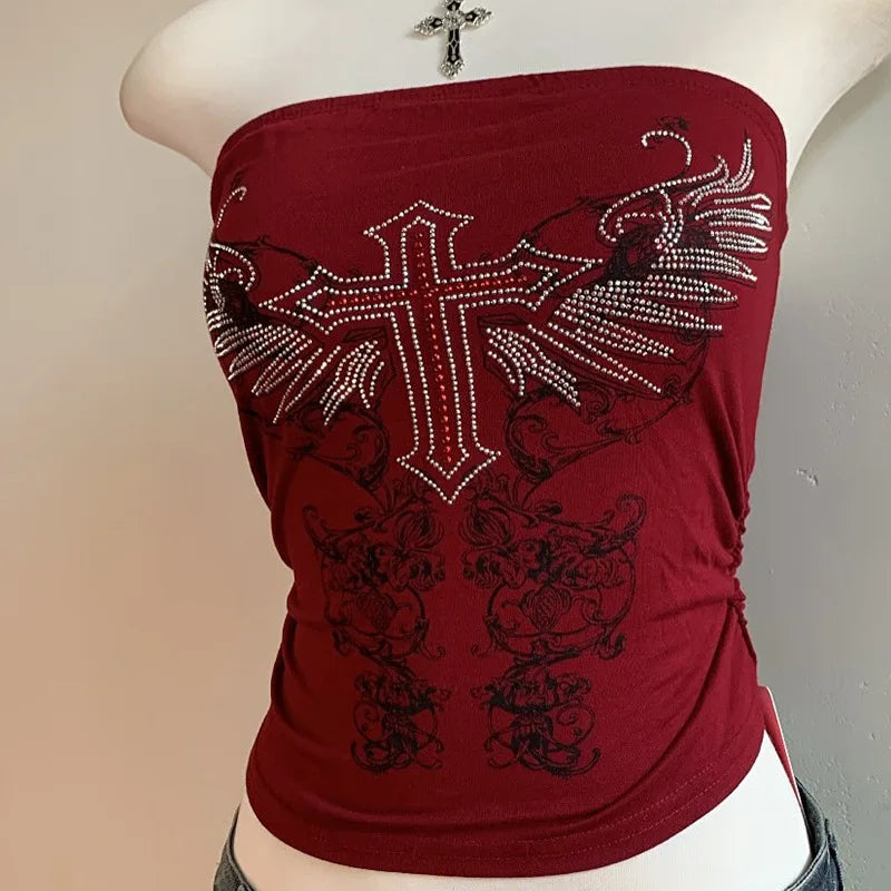 Aiertu  -  Y2K dark personality pattern printed tube top female niche hot girl outside wearing backless slim jacket Aiertu