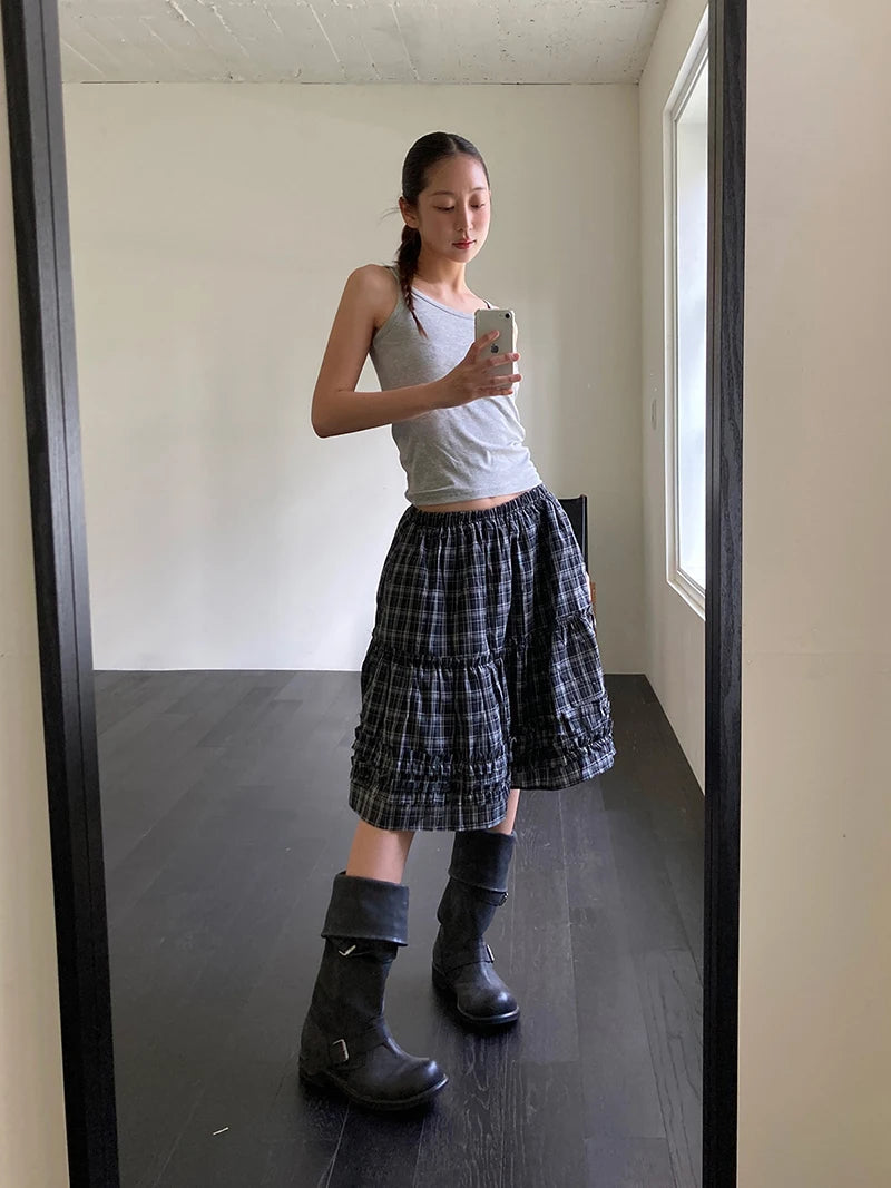 Aiertu  -  Vintage Plaid Mini Skirt Women Japanese Harajuku Ruffles Patchwork Black Skirts Summer High Waist Casual A Line Faldas New Aiertu