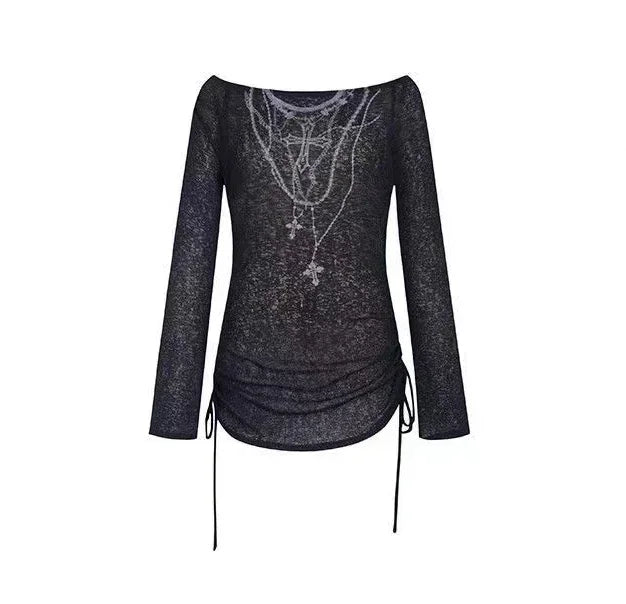 Aiertu  -  New Fashion Women Off Shoulder Black Long Sleeve T-Shirt Korean Retro Gothic Y2K High Printed Thin Knitted One Word Neck T-Shirt Aiertu