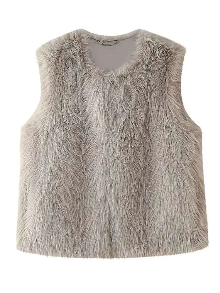 Aiertu  -  layered look inspo Faux Fur Plush Vest Women Casual Round Neck Loose Fashion Sleeveless Coats Female Autumn Winter Solid Outwears Lady Aiertu