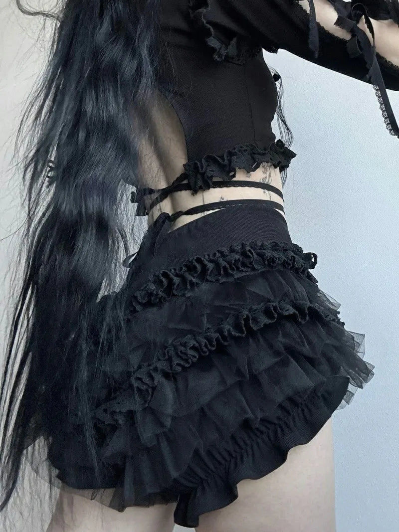Aiertu  -  Frilly Lace Mesh Micro Mini Shorts for Girls Gyaru Japanese 2000s Y2k Gothic Clothes White Black Shorts P84-CI20 Aiertu