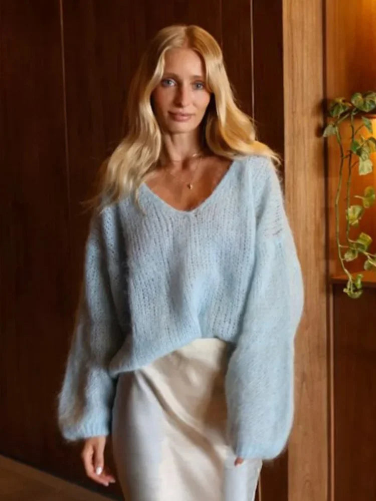 Aiertu  -  Fashion Blue V Neck Long Sleeve Sweater For Women Elegant Soft Warm Knitted Pullover 2026 Chic Lady Commuting Streetwear Aiertu