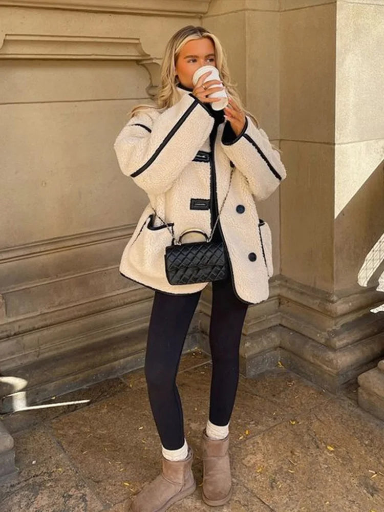 Aiertu  -  Street Patchwork Lamb Wool Women Jacket Full Sleeve Single Breasted Lady Coat Autumn Winter Soft Warm Female Outwear Aiertu