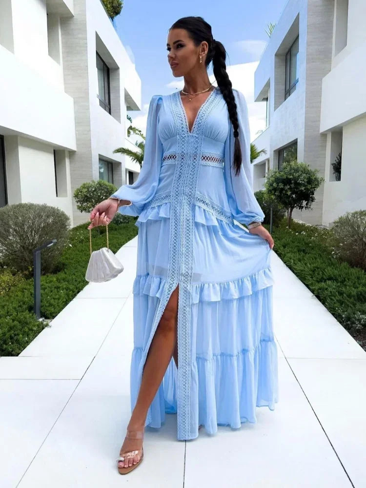 Aiertu  -  Autumn Winter Elegant Patchwork Dress Long Sleeve V-neck Ruffles Lace Maxi Dress Lady Party Holiday Streetwear Robes New Aiertu