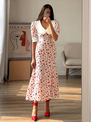 Aiertu  -  Fashion Slim Print Women's Dress Summer Lapel Short Sleeve Ankle Length Dresses Elegant High Waist Slit Female Dress Aiertu