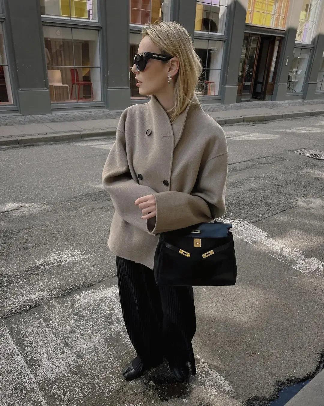 Aiertu  -  Elegant Warm Solid Woolen Cropped Coat Women Chic Stand Collar Double Breasted Long Sleeves Jacket Autumn Lady Commute Outercoat Aiertu