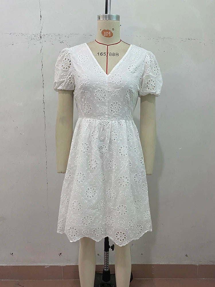 Aiertu  -  2026 New Summer V-neck Dress White Short Sleeved Women's Fashion Hooked Flower Hollow Lace Dresses Open Back Lace Up Dress Aiertu