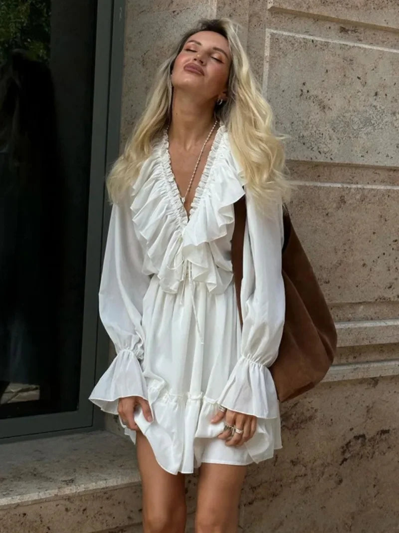 Aiertu  -  2026 Fall V-neck Flare Sleeve Ruffles Short Dresses Streetwear Women's High Waist Lace-up Tunics Ruched A-line Pink Party Dress Aiertu