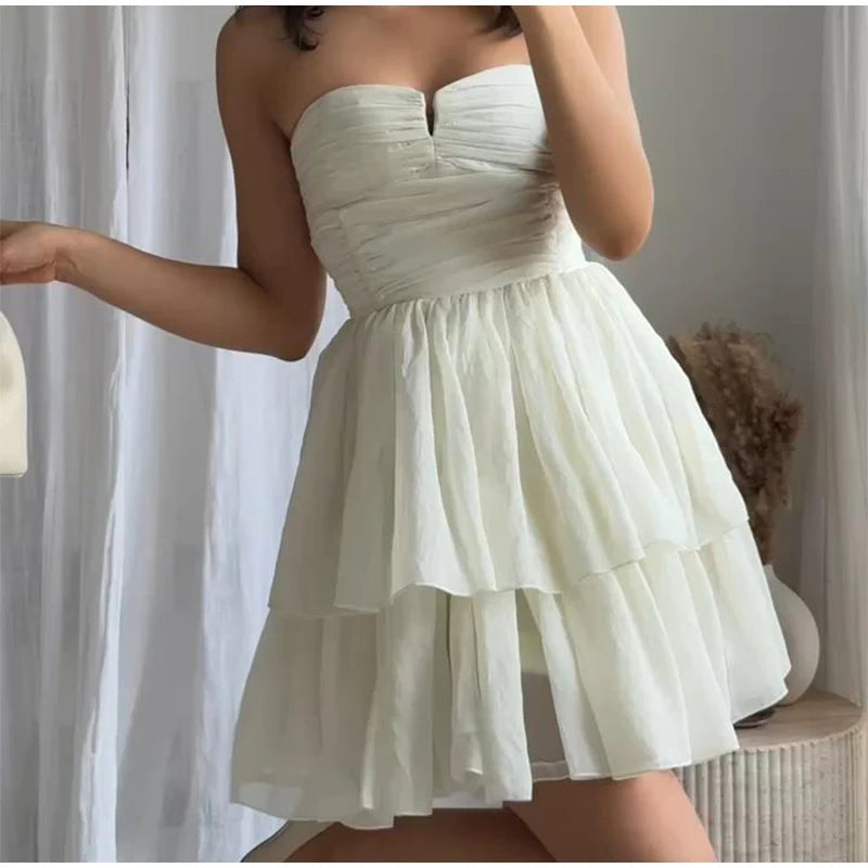 Aiertu  -  Women Strapless Dress Spring Pleated Tierred Women's Dress Sexy Backless Dress Female Chic Midi Dress Casual Beach Lady Vestido Aiertu
