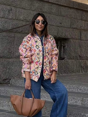 Aiertu  -  Casual Printed Patchwork Women Cotton Jackets Autumn Warm Stand Collar Long Sleeve Single Breasted Coats 2026 Lady Outwear Aiertu