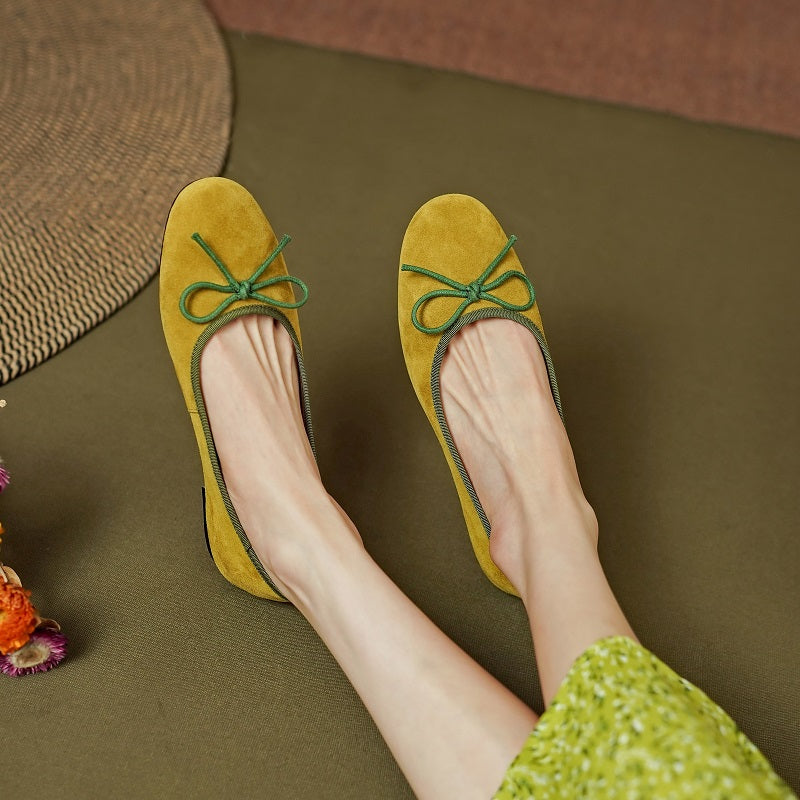 Aiertu  Round Toe Ballet Flats Elegant Bowtie Low Heel Walk Shoes Korea Style Soft Sheepsuede Driving FlatsBasic Daily Flat Shoes Woman Aiertu