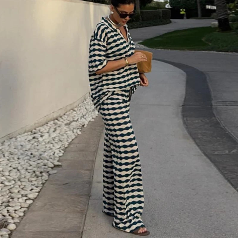Aiertu  -  Stripe Pant Women's Suit Casual Laple Short Sleeve Tees Set Loose Waist Wide Leg Pants Female Set Summer Lady Street Outwears Aiertu