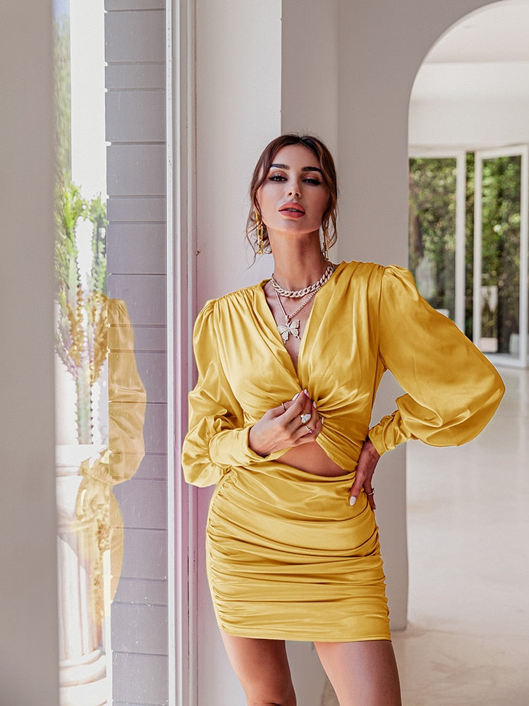 Aiertu  Sexy deep v neck bodycon dress Party club hollow out mini dress Elegant winter autumn chic lantern sleeve satin dress Aiertu