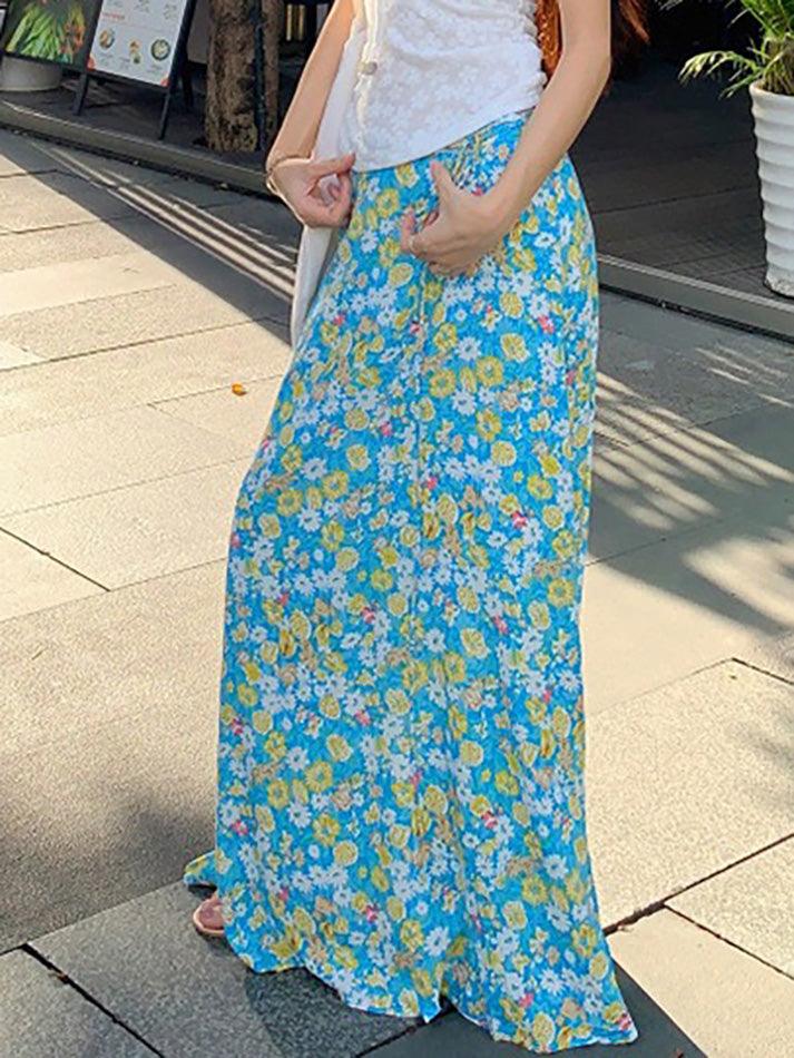 Aiertu  -Floral High-Waist Tie A-Line Skirt aiertu