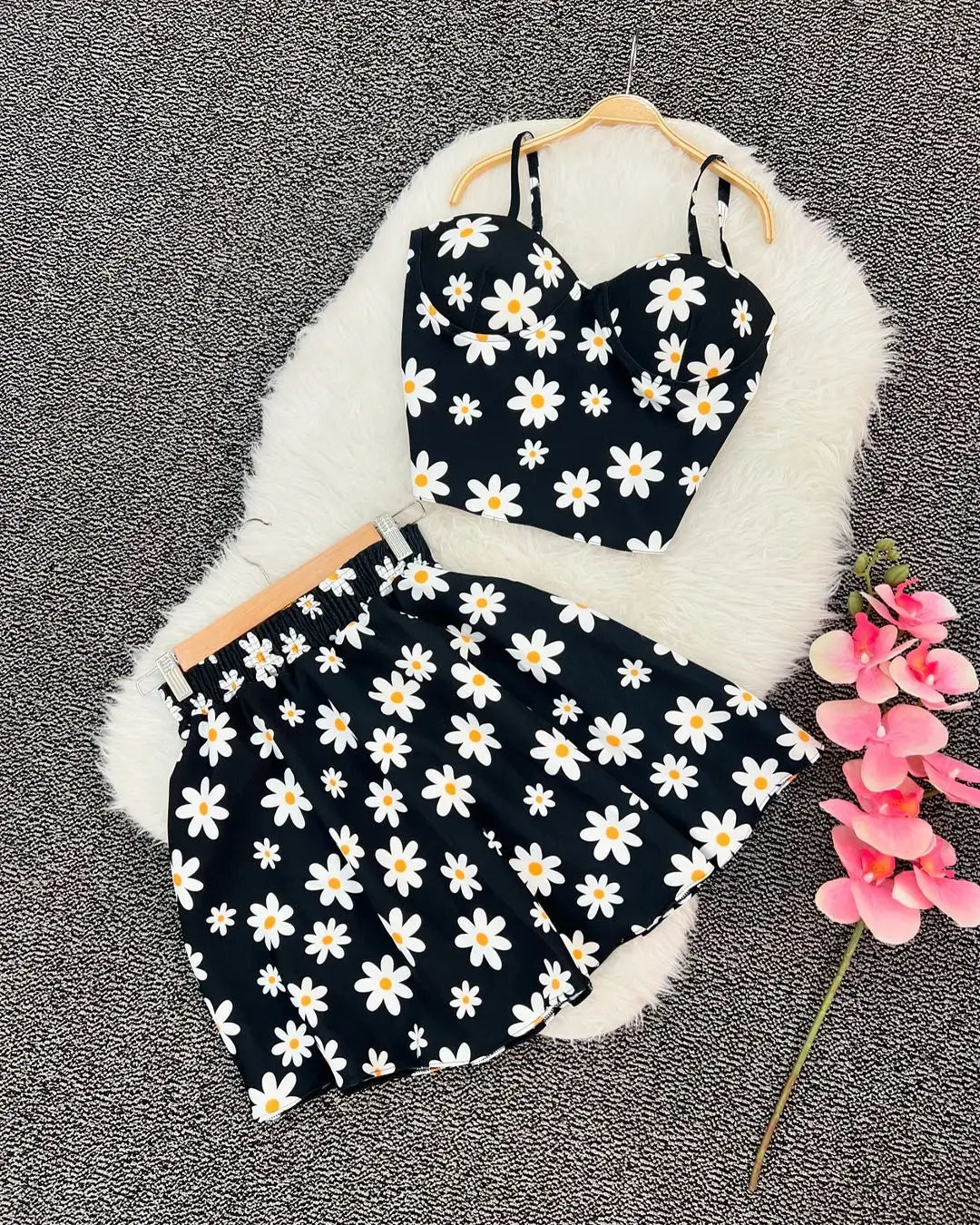 Aiertu  -  Harajuku New Skirt Sets Oversized Flower Pattern Black Y2k Two Piece Sets Womens Outfits Casual Fashion Dress Suspender Tops Aiertu
