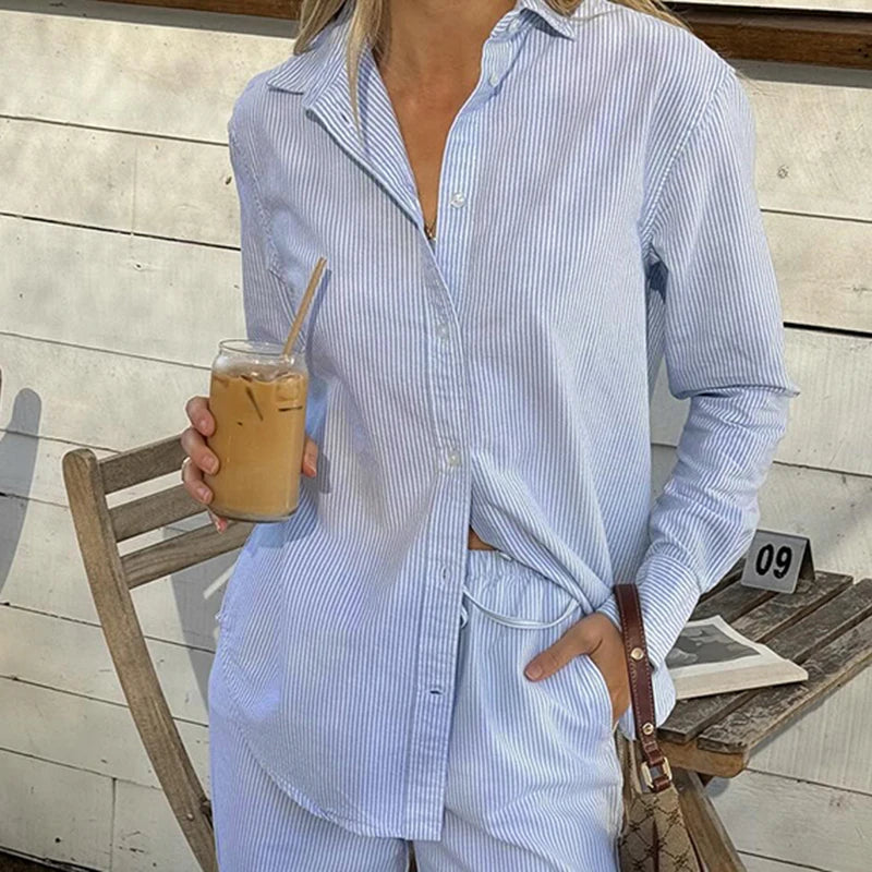 Aiertu  Casual Streetwear Loose Blouses for Women Striped Print Turn-down Neck Shirts Button Up 90s Fashion Chic Outfits Aiertu