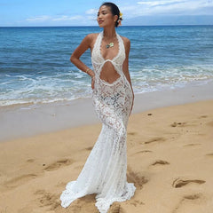 Aiertu  -  Sexy Lace See Through Hollow Out Maxi Dress Womens Elegant Summer White Holiday Beachwear Backless Slim Halter Neck Dress Aiertu