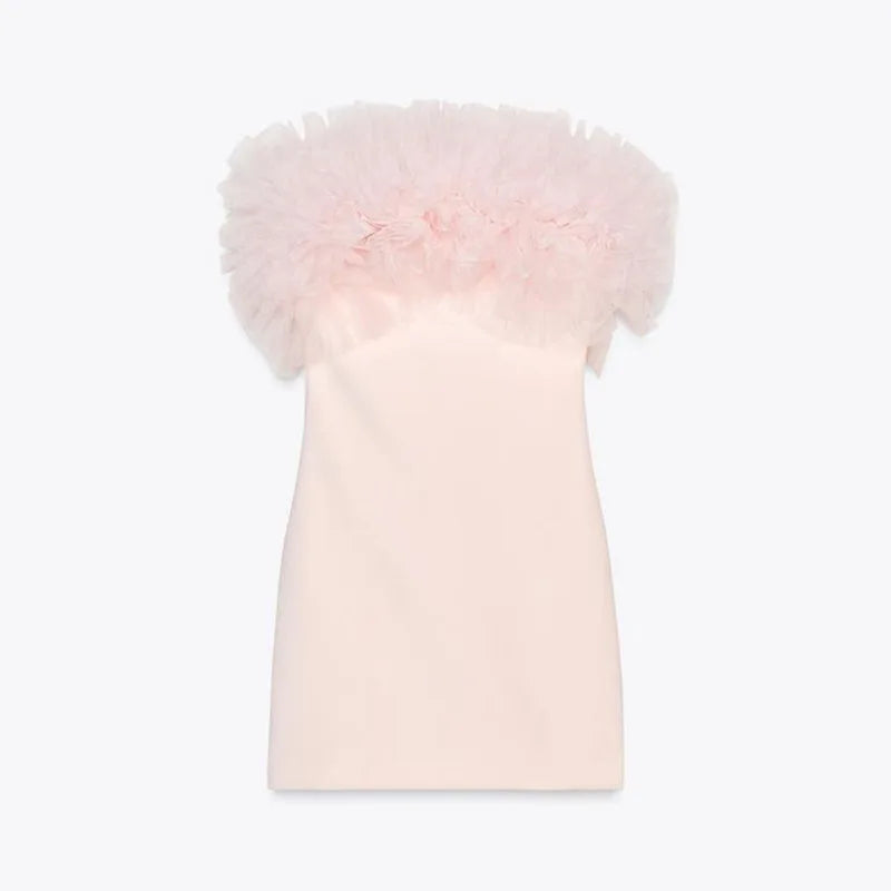 Aiertu  -  Strapless Silk Mesh Fluffy Dress 3D Floral Gauze Socialite Evening Gown Off Shoulder Slim Fit  Sexy Backless Women Short Dresses Aiertu