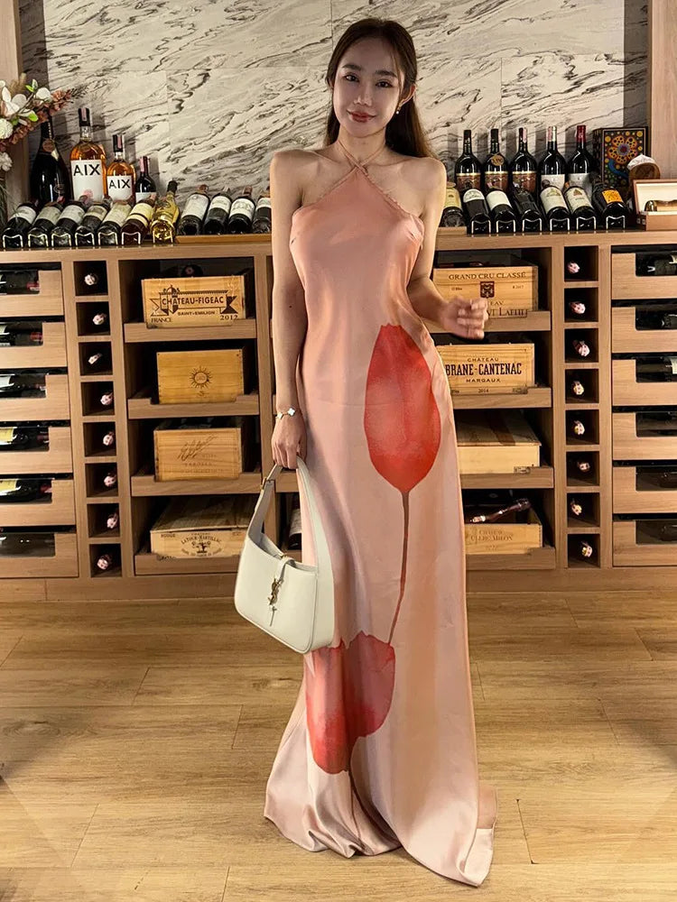 Aiertu  -  Fashion Printed Backless Maxi Dress Female Summer 2025 Slim Sleeveless Contrast Loose Halter Dress Women's Y2k Long Dress Aiertu
