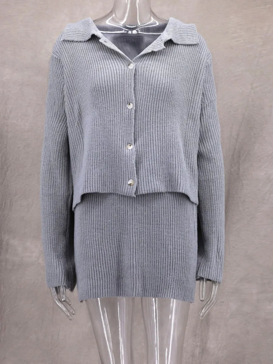 Aiertu  -   Solid Knitted 2 Piece Set Women Single Breasted Long Sleeve Cardigan+mini Skirts Sets Autumn New Streetwear Fashion Elegant Suit Aiertu