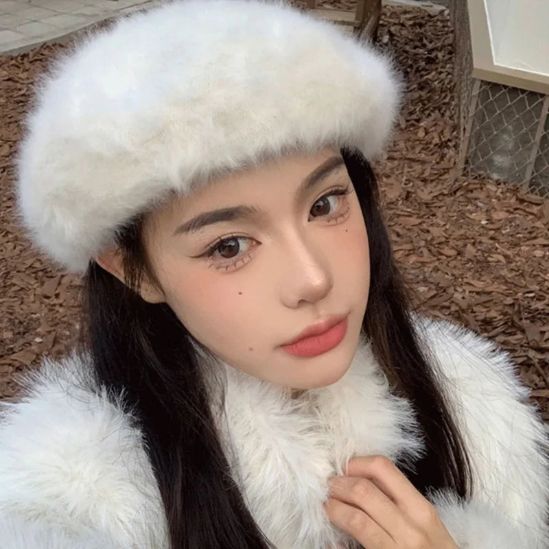 Aiertu  -  Winter Rabbit Fur Soild Color Beret Hats Women For Adjustable Elastic Band Warm Beret Elegant Soft French Artist Beanie Hat Girl Aiertu