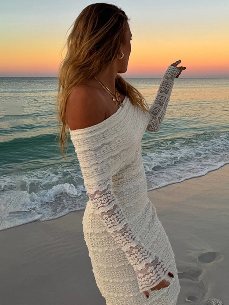 Aiertu  -  Elegant Off Shoulder Dress Bodycon Fashion Patchwork Long Sleeve Maxi Dresses For Women Beach Vacation Slim Party Dress Aiertu