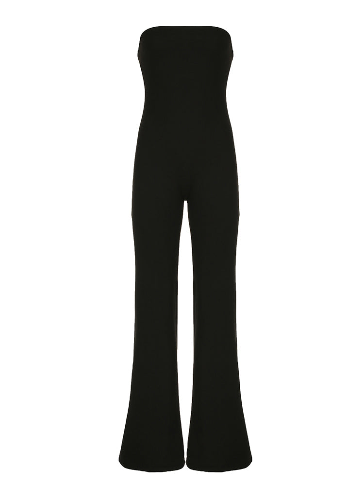 Aiertu - summer inspo Hot Black Solid Strapless Elegant Long Jumpsuits For Women Slim Wide Leg Flared Rompers Simple Fashion Vacation Overalls Aiertu