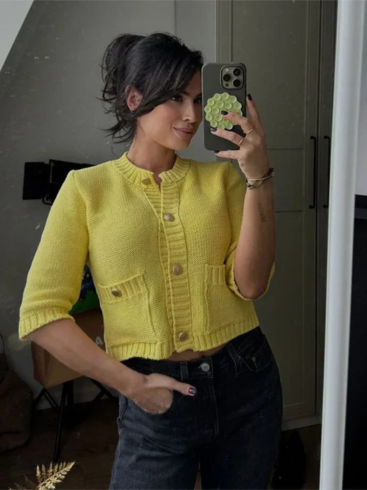 Aiertu  -  Fashion Yellow Single-breasted Round Neck Knitted Cardigan Women Chic Long Sleeve Pockets Sweater 2026 Autumn Street Knitwear Aiertu